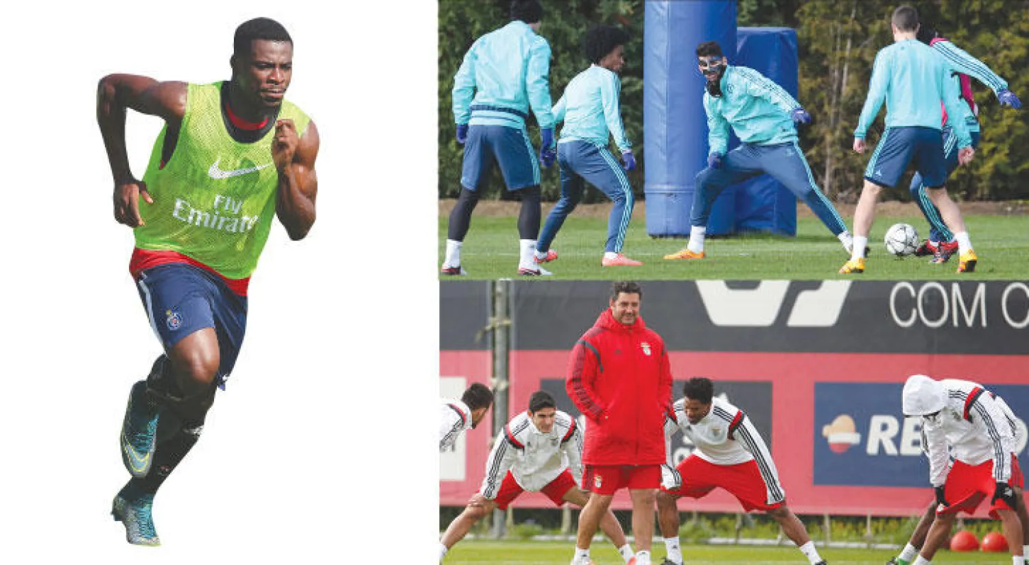 كوستا مهاجم تشيلسي مرتديًا قناعًا واقيًا للوجه خلال تدريبات فريقه قبل مواجهة سان جيرمان (رويترز)  -  فيتوريا مدرب بنفيكا يراقب لاعبيه خلال
 التدريبات منتظرًا انتفاضتهم اليوم (رويترز)  -  سان جيرمان أوقف مدافعه أوريه لأجل غير مسمى (أ.ف.ب)