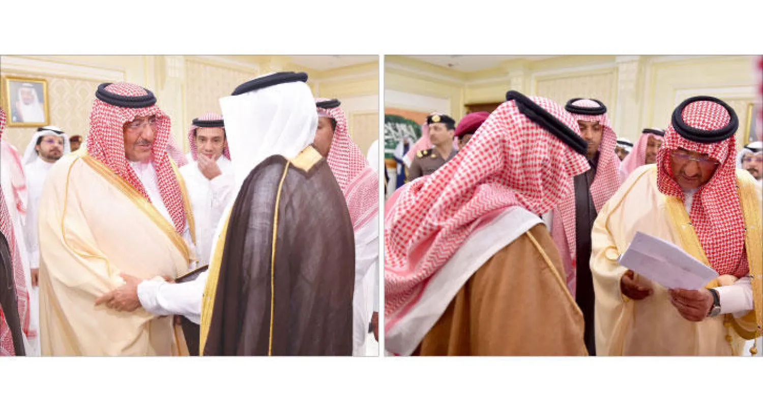 ولي العهد السعودي خلال استقباله الأمراء والمسؤولين وقادة القطاعات الأمنية أمس في الرياض (واس)