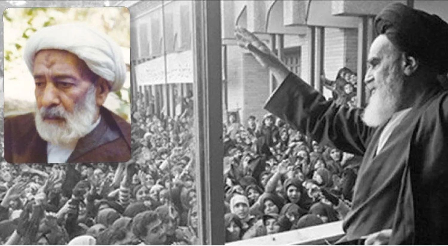 الخميني في إحدى خطبه.. ويظهر في الإطار مؤسس الجماعة الحجتية