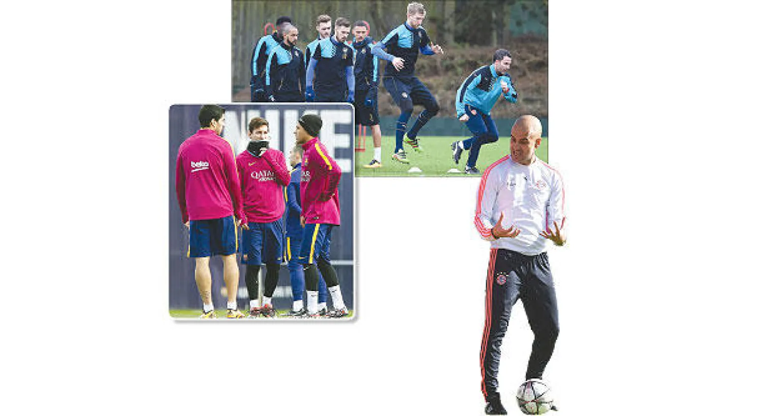 لاعبو آرسنال خلال التدريبات أمس استعدادا لموقعة برشلونة و نيمار وميسي وسواريز ثلاثي برشلونة الفتاك  و غوارديولا يأمل قيادة البايرن للقب الأوروبي قبل مغادرته النادي (أ.ف.ب)