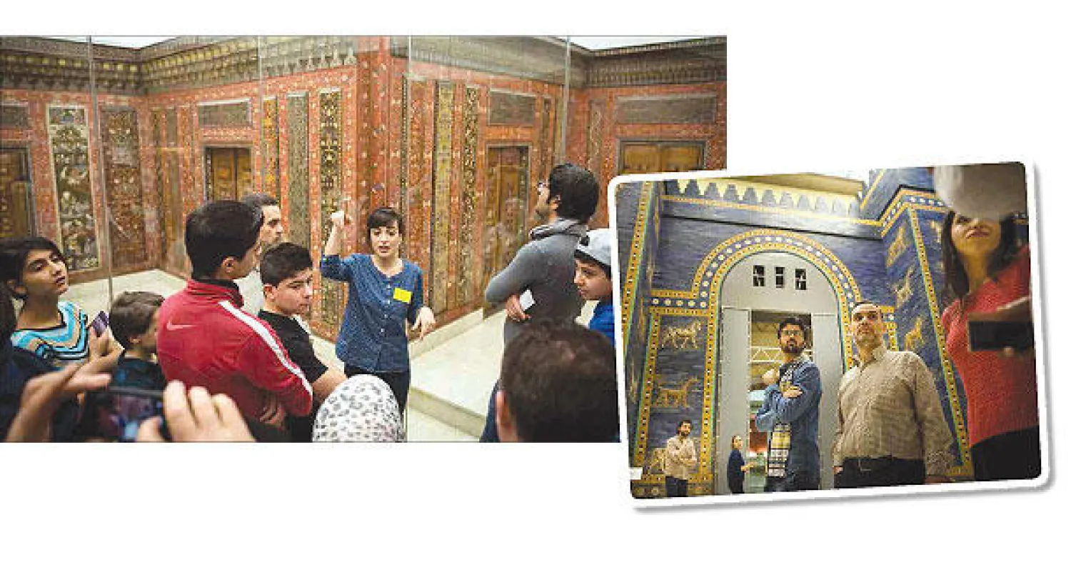 في متحف بيرغامون ببرلين حيث يوجد العديد من القطع الأثرية من العالم العربي و مرشدة عربية تشرح لبعض اللاجئين محتويات متحف الفن الإسلامي في برلين (نيويورك تايمز)