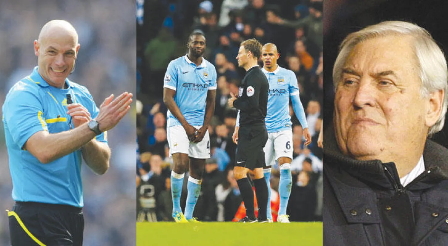 الحكم السابق هاكيت يدعم التواصل مع الجمهور  -  الحكم كلاتنبرغ محاط بلاعبي سيتي المعترضين على ركلة جزاء احتسبها لتوتنهام (رويترز)  -  ويب يعلق على الحكام دون الصدام معهم