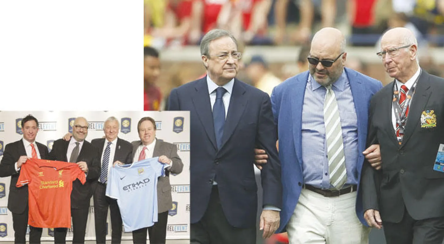 الأميركي ستيليتانو صاحب النفوذ بين بوبي تشارلتون أسطورة يونايتد وبيريز رئيس ريـال مدريد  -  ستيليتانو مع نجم ليفربول السابق فولر ونجم مانشستر ستي وإنجلترا السابق سمربي