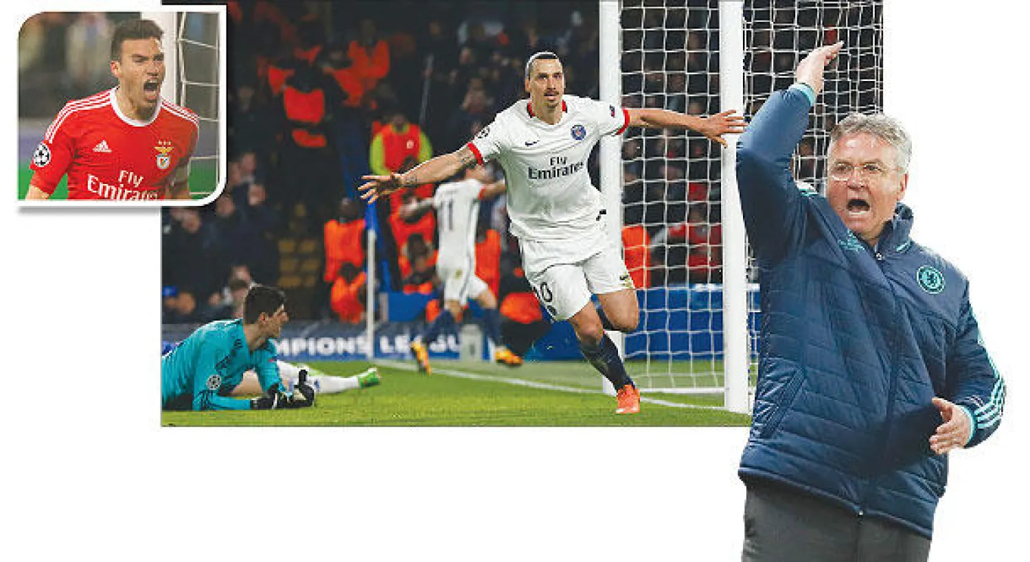 هيدينك مدرب تشيلسي غاضب من عرض فريقه  و إبراهيموفيتش تألق بإحراز هدف وصناعة آخر ليمنح سان جيرمان الفوز على تشيلسي و غايتان يحتفل بهدفه الذي منح بنفيكا التفوق على زينيت (رويترز)