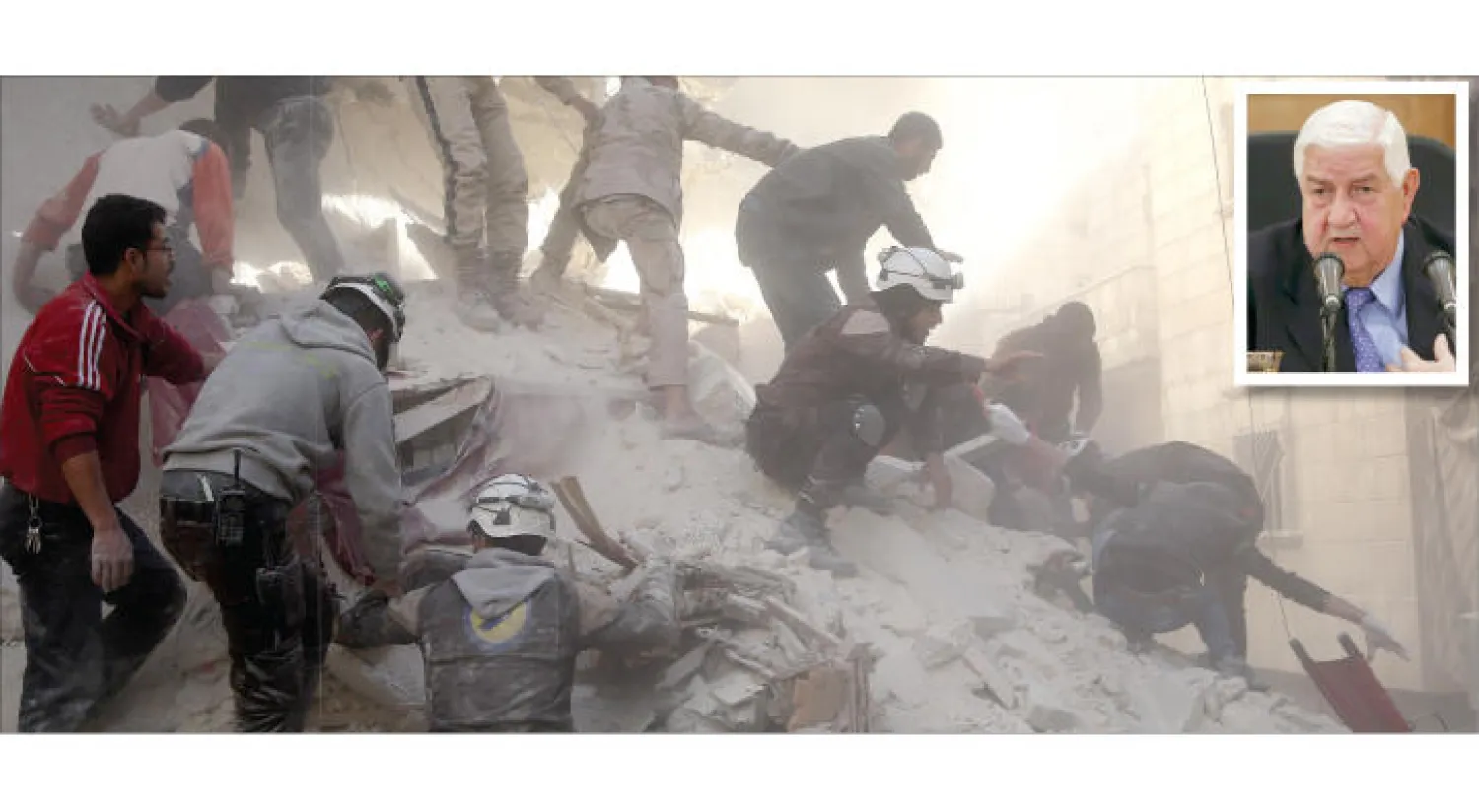 رجال الإنقاذ يحاولون إسعاف ضحايا هجوم شنته طائرات روسية في حلب(غيتي)..وفي الإطار يبدو وزير الخارجية السوري وليد المعلم في ندوة صحافية بدمشق أمس (رويترز)