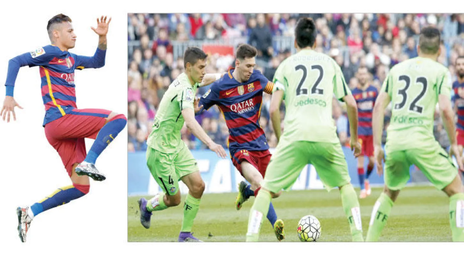 منظر مكرر.. مدافعو الخصم يحاصرون ميسي (رويترز) - نيمار يعود متألقا (أ.ف.ب)