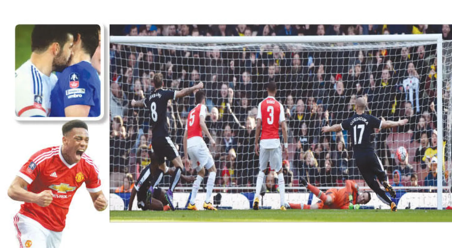 أوسبينا حارس آرسنال في محاولة فاشلة للتصدي لكرة إيغالو مهاجم واتفورد (رويترز) - كوستا يصطدم بباري في لقطة أثارت جدلاً حول واقعة عض - مارسيال يحتفل بهدفه الذي أنقذ يونايتد أمام ويستهام (أ.ف.ب)