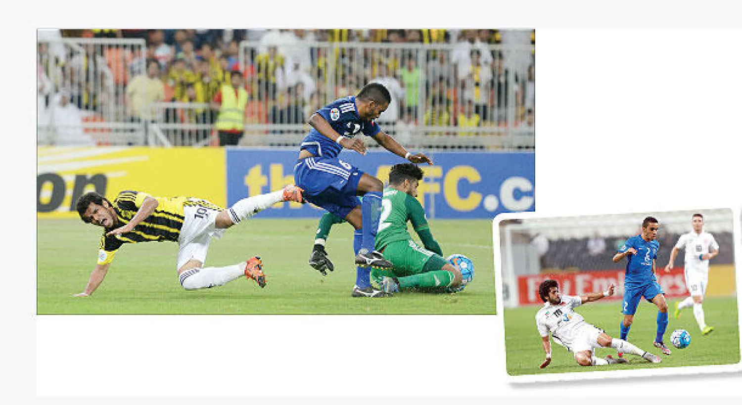 من مباراة الهلال والجزيرة الإماراتي أمس و عبدالفتاح عسيري لاعب الاتحاد يتعرض للسقوط في مباراة النصر الإماراتي أمس (تصوير: محمد المانع)