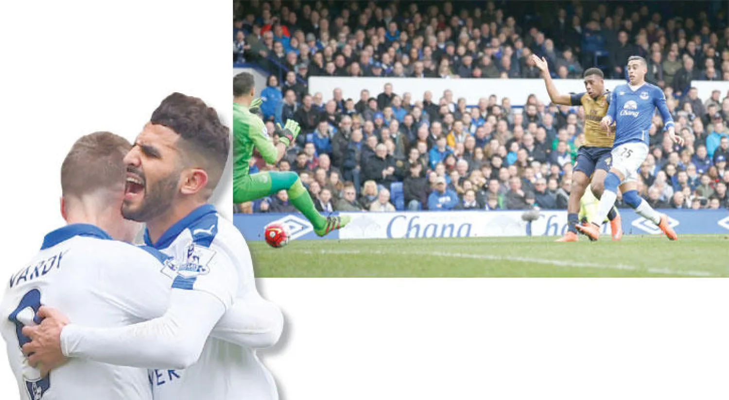 النيجيري أليكس ايوبي (يسار) يعزز تقدم آرسنال (رويترز)  -  محرز يتلقى التهاني من فاردي (رويترز)