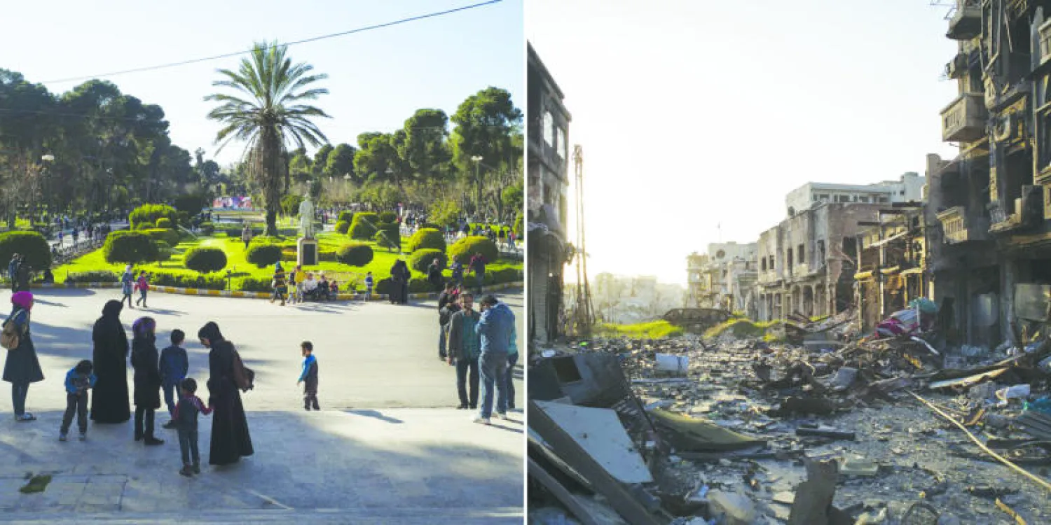 بقايا سوق مدمرة في حي بحلب تسيطر عليه قوات المعارضة.. وحديقة غناء في منطقة خاضعة لسيطرة النظام (واشنطن بوست)