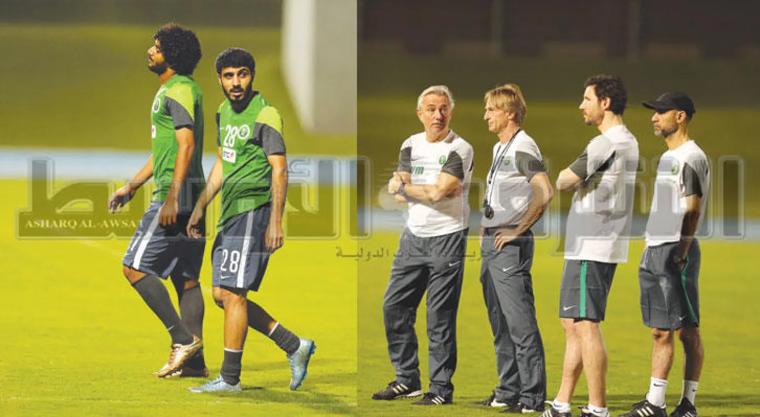 مارفيك مدرب المنتخب السعودي مع مساعديه خلال التدريبات (تصوير: محمد المانع)  -  الرويلي المنضم حديثا إلى الأخضر.. وإلى جانبه الغامدي في الحصة التدريبية (تصوير: محمد المانع)
