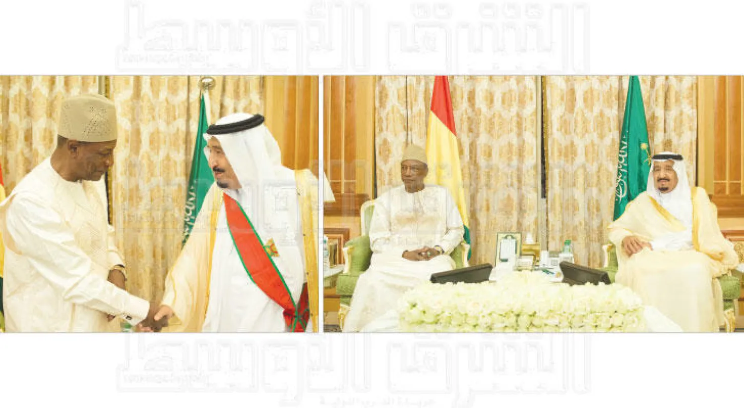 جانب من جلسة المباحثات الرسمية بين خادم الحرمين الشريفين والرئيس الغيني حيث تناولت المستجدات والعلاقات بين البلدين .. والملك سلمان مصافحا الرئيس ألفا كوندي بعد توشيحه بالوسام الغيني الرفيع (تصوير: بندر الجلعود)