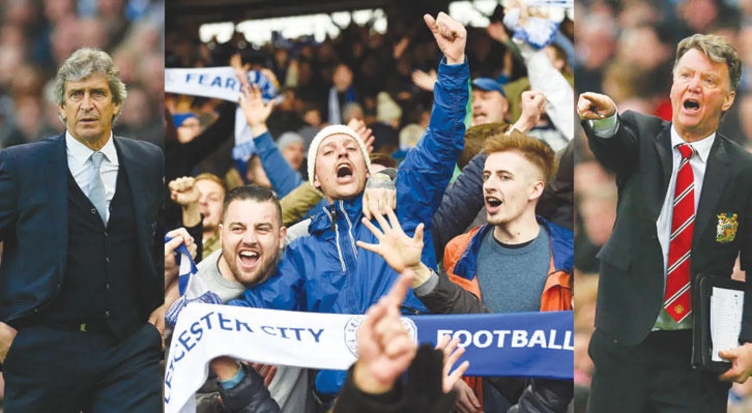 فان غال مدرب يونايتد (رويترز)  -  جماهير ليستر سيتي بدأت تعيش حلم إحراز اللقب لأول مرة في تاريخها رغم تحفظ المدرب (إ.ب.أ)  -  بيلغريني مدرب مانشستر سيتي (رويترز)