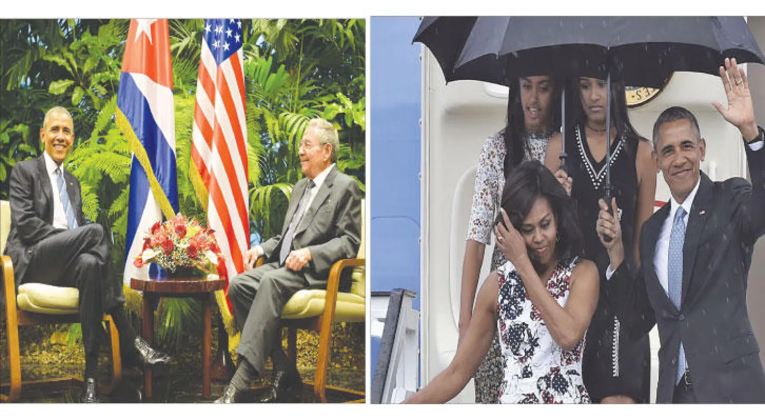 الرئيس الأميركي باراك أوباما برفقة السيدة الأولى ميشيل أوباما وابنتيهما ماليا وساشا لدى وصولهم إلى هافانا أول من أمس (أ.ف.ب) - الرئيس الأميركي باراك أوباما ونظيره الكوبي راؤول كاسترو يلتقيان في «ساحة الثورة» بهافانا أمس (أ.ف.ب)