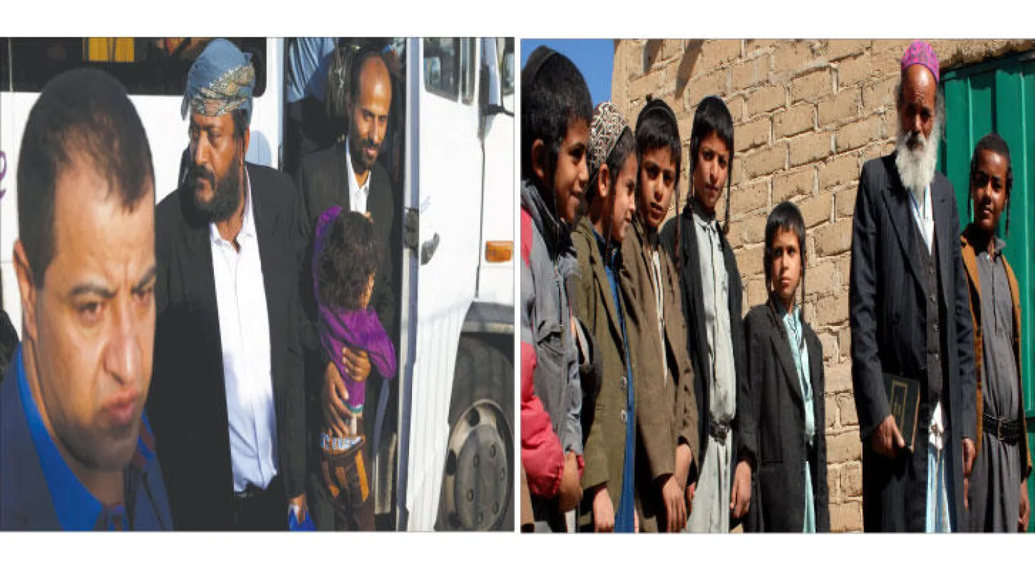 صورة أرشيفية تعود إلى عام 2008 لعدد من الصبية اليمنيين اليهود برفقة مدرسهم عمران سعيد الجرادي (الثاني من اليمين) أمام مدرسة رايدة (أ.ف.ب) - سلمان إشيا (الثاني من اليسار) أحد 19 يهوديا يمنيا جلبوا إلى إسرائيل أمس لدى وصوله إلى مركز استيعاب في بئر السبع (رويترز)