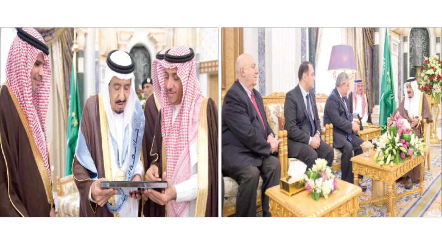 الملك سلمان لدى لقائه رئيس البرلمان الجورجي والوفد المرافق له (واس) - خادم الحرمين الشريفين يتسلم شهادة الدكتوراه الفخرية في «الدراسات التاريخية والحضارية» التي أهدتها له جامعة الملك سعود ويبدو الدكتور أحمد العيسى وزير التعليم والدكتور بدران العمر مدير الجامعة (واس)