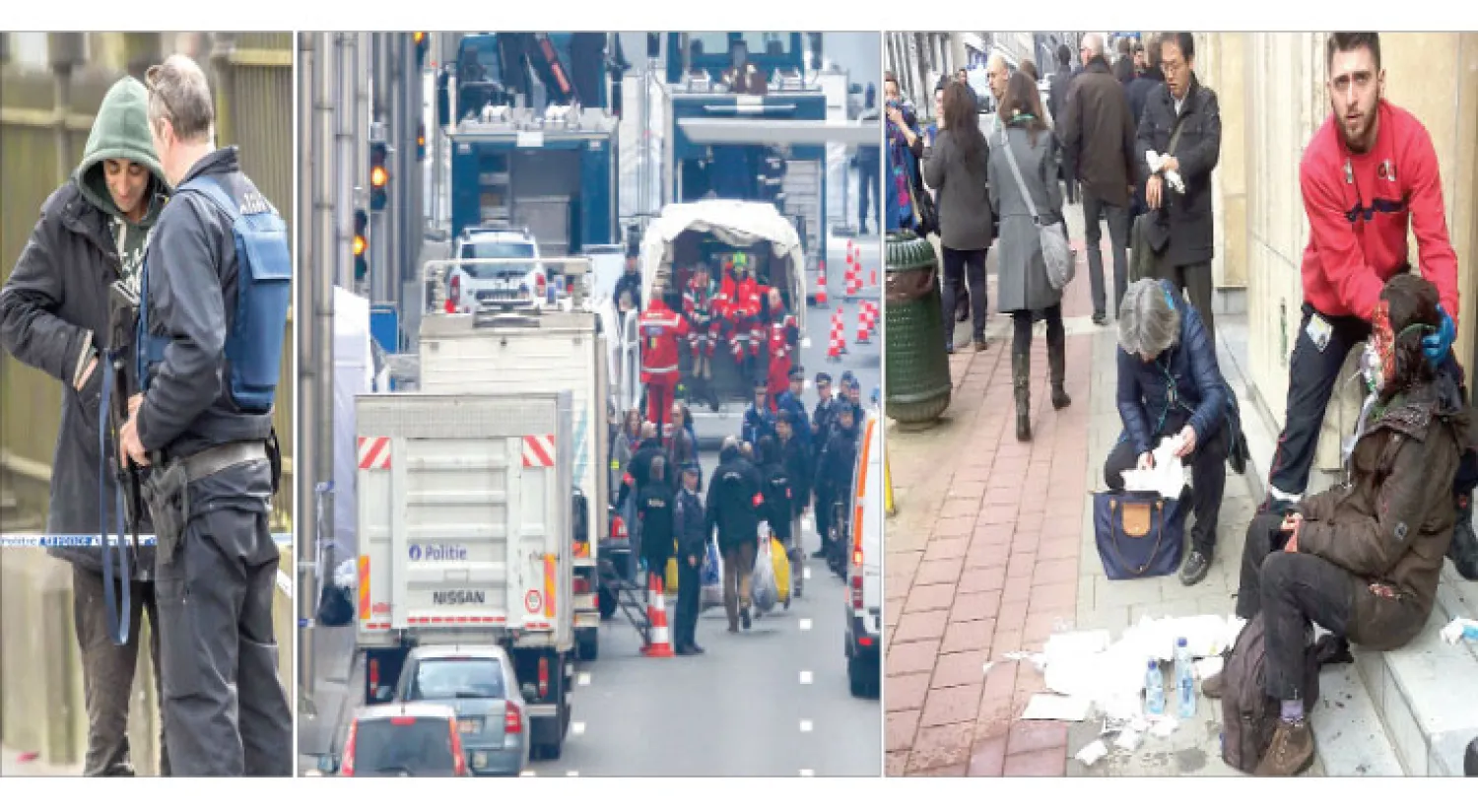 جانب من الإسعافات الاولية لمصابة بتفجيرات محطة مايلبيك التابعة لمترو بروكسل أمس (أ ف ب) - سيارات الإسعاف والشرطة هرعت إلى موقع تفجير محطة المترو في بروكسل امس (رويترز) -  شرطي يفتش أحد المارة بالقرب من التفجير الذي وقع في محطة مايلبيك (أ ف ب)