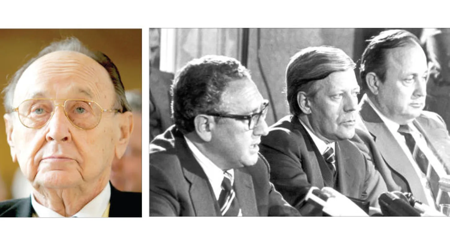 صورة أرشيفية لوزير الخارجية الأميركي هنري كسينجر (يسار) برفقة المستشار الألماني هيلموت شميدت (وسط) ووزير الخارجية الألماني هانز ديتريش غينشر (يمين) خلال مؤتمر صحافي في هامبورغ في 7 سبتمبر 1976 (أ.ف.ب)....  هانز ديتريش غينشر خلال حضوره إحدى فعاليات حزبه في 5 فبراير (شباط) 2006 (رويترز)