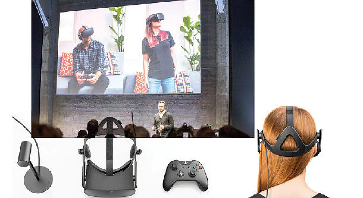 نظام «أوكيولوس ريفت» عند عرضه أمام الجمهور في يونيو 2015 و ملحقات نظام «أوكيولوس ريفت» للواقع الافتراضي: كاميرا وخوذة رأس وأداة تحكم بالألعاب