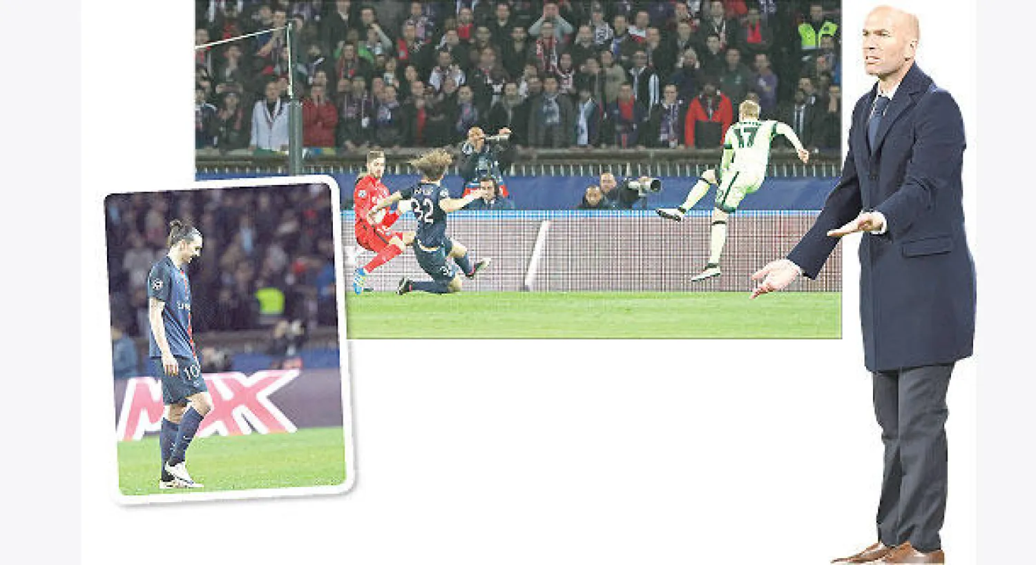 وكأن زيدان  يتساءل عما جرى لفريقه (إ.ب.أ) و إبراهيموفيتش يدرك أن مهمة التأهل في مانشستر صعبة  و كيفن دي بروين يسدد ويحرز هدف سيتي الأول (رويترز)