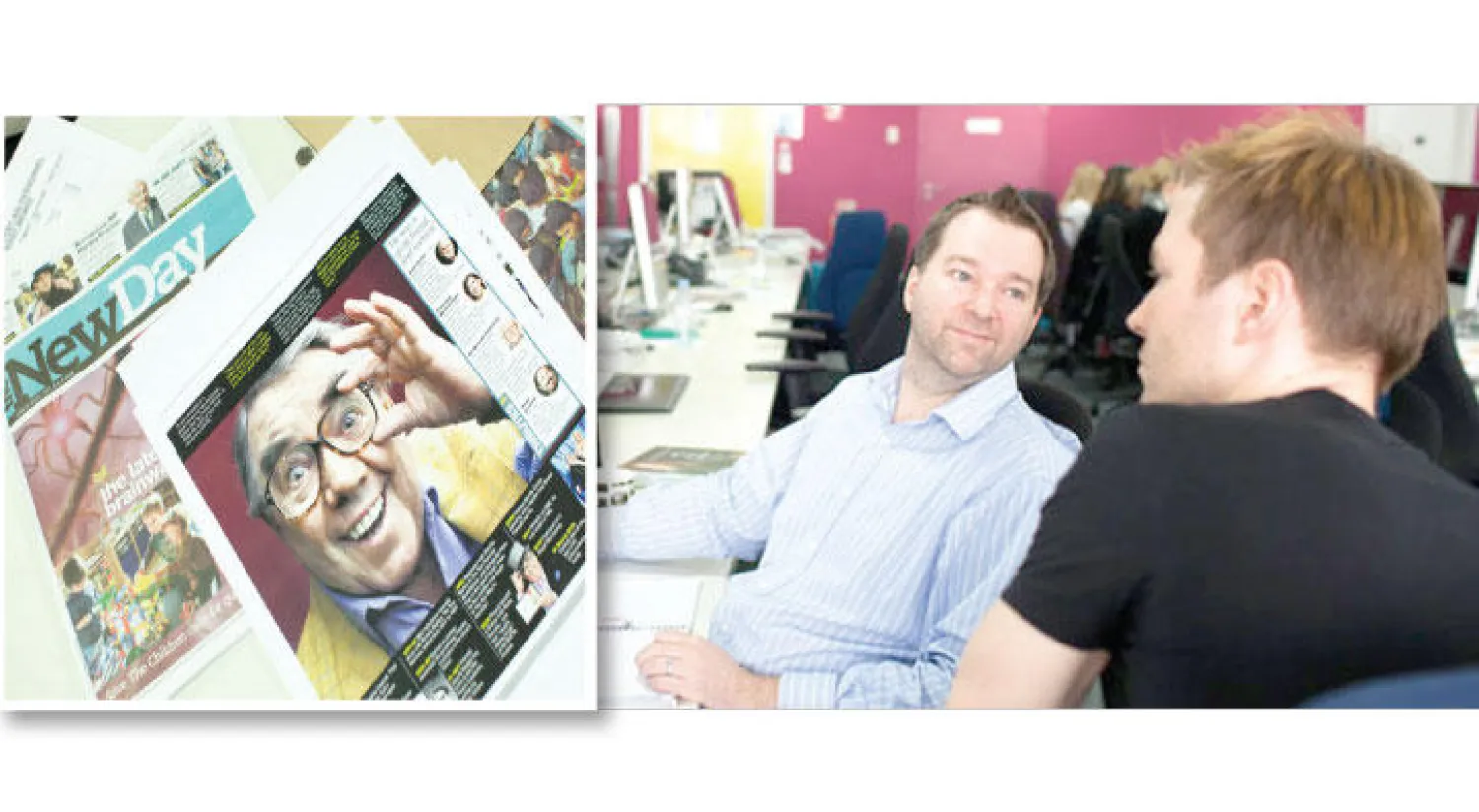 صالة تحرير «نيو داي» (نيويورك تايمز) - الصفحات الأولى من «نيوداي» في فليت ستريت (نيويورك تايمز)