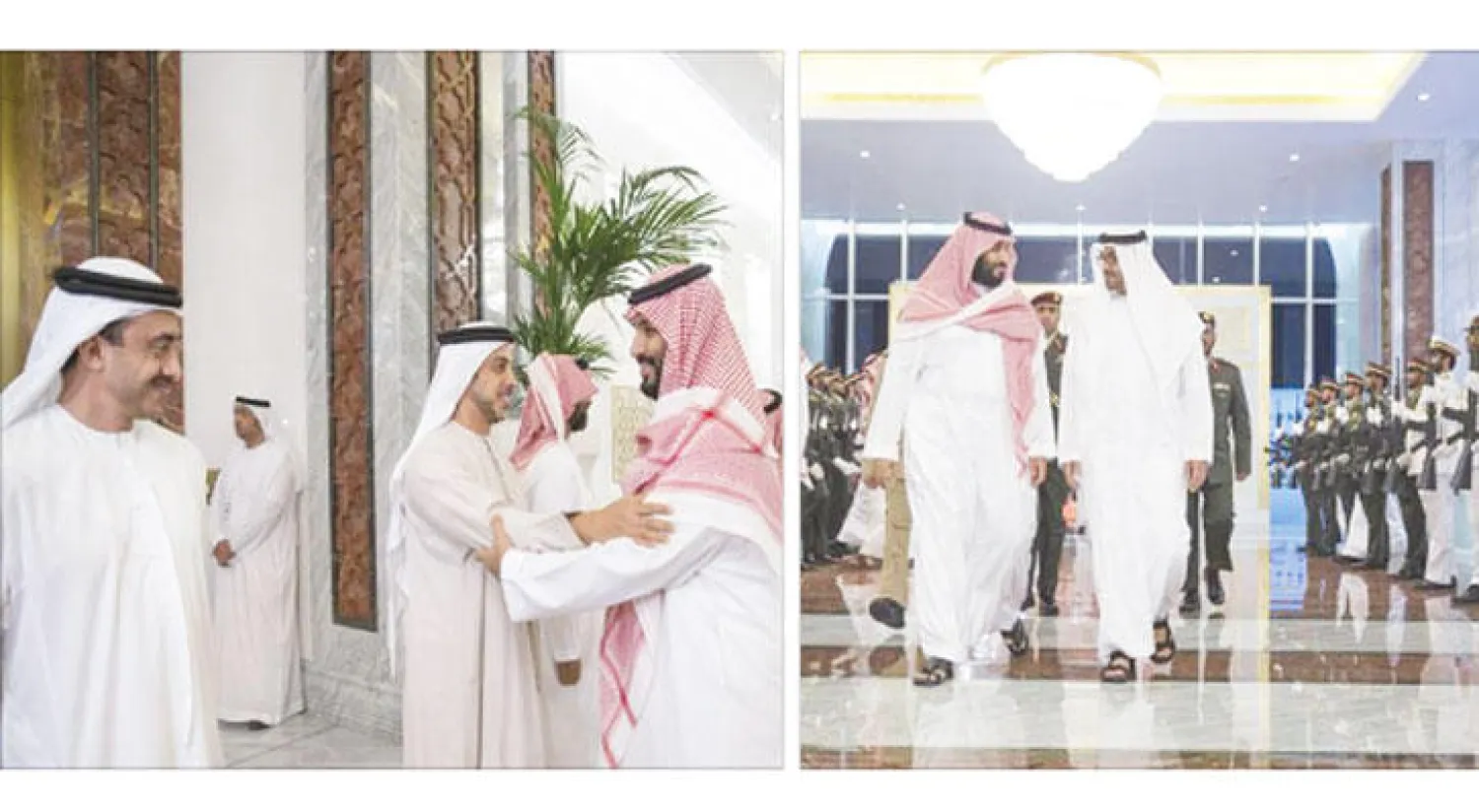 الشيخ محمد بن زايد آل نهيان ولي عهد أبوظبي خلال استقبال الأمير محمد بن سلمان ولي ولي العهد السعودي (وام) - الشيخ منصور بن زايد نائب رئيس مجلس الوزراء والشيخ عبد الله بن زايد 
 وزير الخارجية الإماراتي في استقبال الأمير محمد بن سلمان (وام)