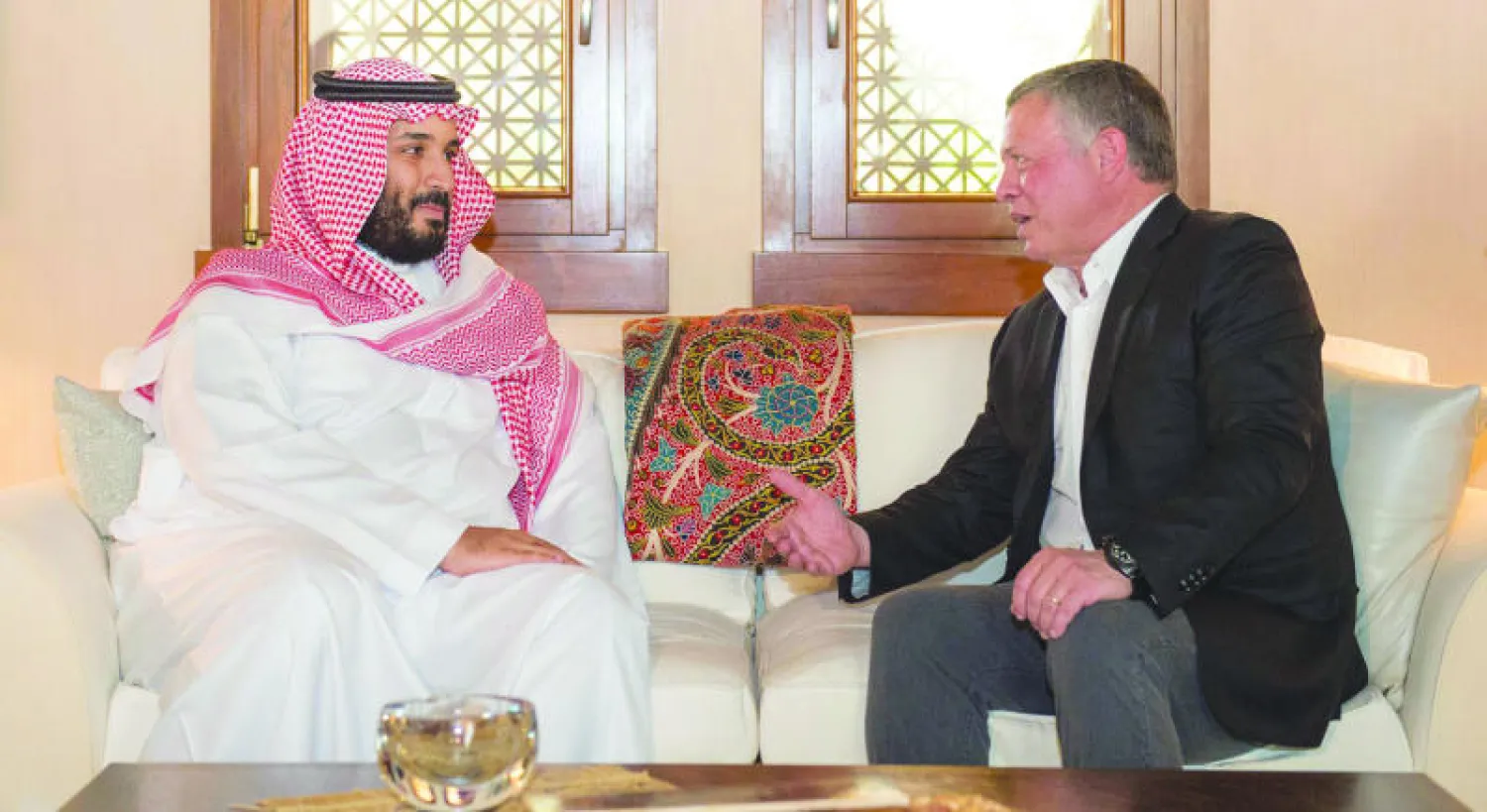 جانب من المباحثات بين العاهل الأردني الملك عبد الله الثاني والأمير محمد بن سلمان بن عبد العزيز أمس (واس)
