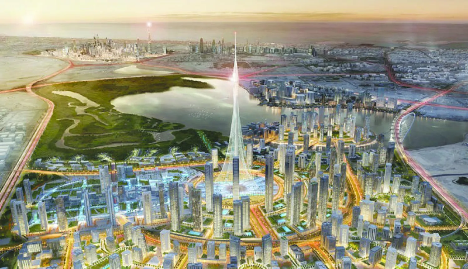 رسم تخيلي للمشروع والبرج في منطقة خور دبي («الشرق الاوسط»)