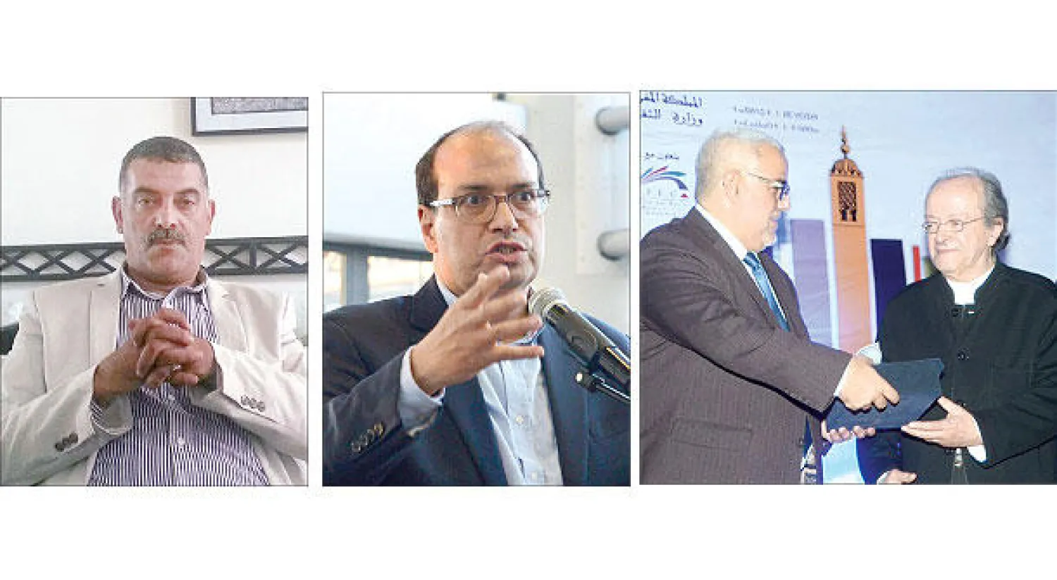 الناقد والروائي محمد برادة خلال تسلمه «جائزة المغرب للكتاب» (2015) في صنف «السرديات والمحكيات» عن روايته «بعيدًا عن الضوضاء قريبًا من السكات» من عبد الإله ابن كيران رئيس الحكومة المغربية و حسن نجمي الشاعر والروائي والرئيس السابق  لـ«اتحاد كتاب المغرب» و الناقد والمترجم المغربي  محمد آيت العميم («الشرق الأوسط»)