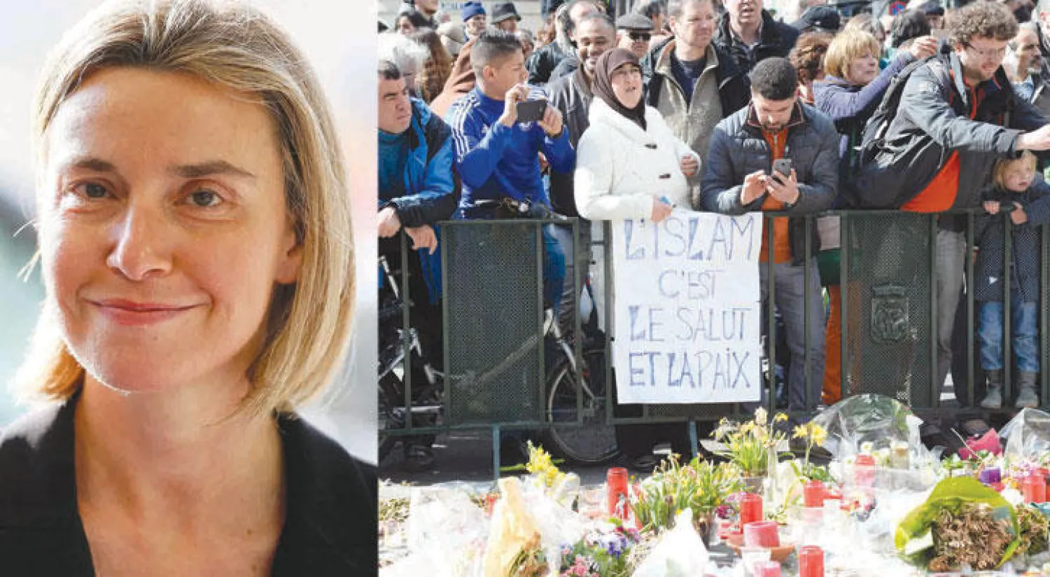 آلاف من الأشخاص في مسيرة وصفت بأنها «ضد الإرهاب والكراهية» في العاصمة بروكسل أول من أمس (أ.ف.ب)  -  منسقة السياسة الخارجية والأمنية بالاتحاد الأوروبي فيديريكا موغيريني تتحدث للصحافيين في لوكسمبورغ أمس (إ.ب.أ)