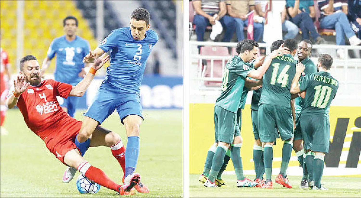 لاعبو الأهلي يحتفلون بأحد أهدافهم في الجيش القطري (المركز الإعلامي) و البرازيلي إدورادو عاد للمشاركة مع الهلال بعد تعافيه من الإصابة (تصوير: سعد العنزي)