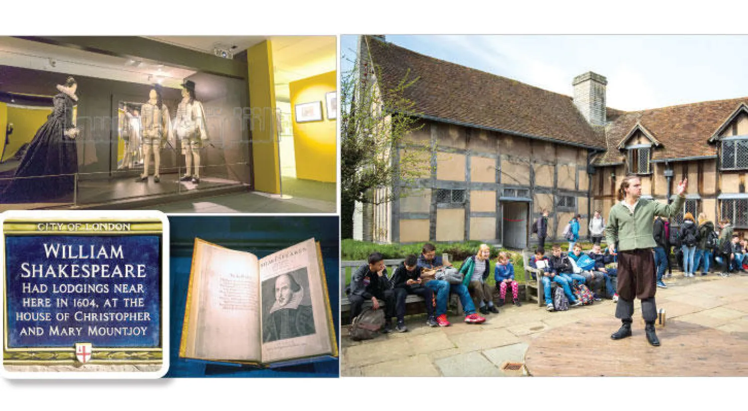 خارج المنزل الذي ولد فيه شكسبير في ستراتفورد أبون آفون (أ.ف.ب) - ملابس ارتداها أبطال مسرحيات شكسبير ضمن معرض المكتبة البريطانية (جيمس حنا) - من المعروضات مجلد الأعمال الكاملة للشاعر - لوحة تذكارية أزيح عنها الستار في وسط لندن تشير إلى المكان الذي عاش فيه شكسبير لبعض الوقت (أ.ف.ب)