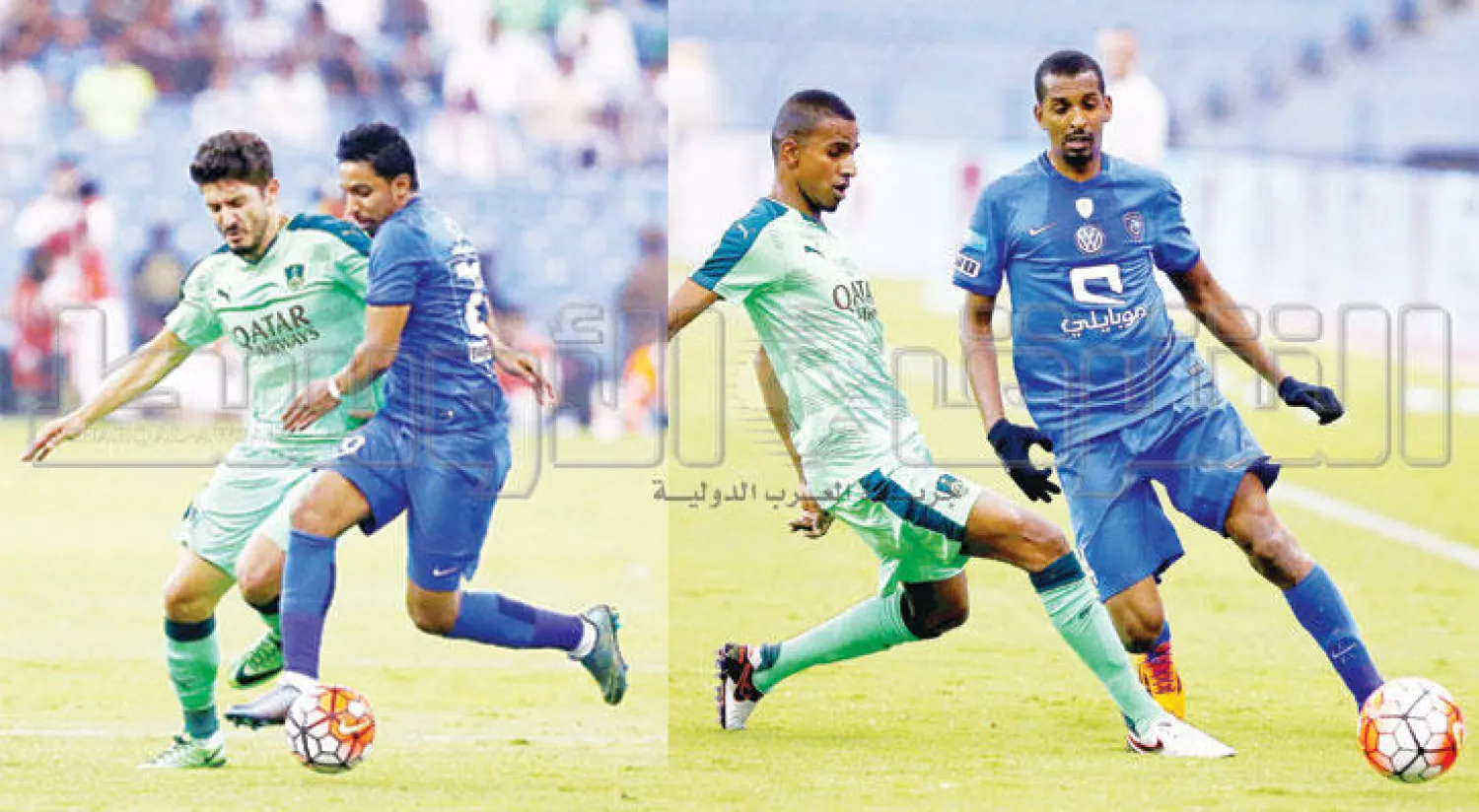عبدالله الزوري في محاولة هجومية وسط مراقبة عقيل بلغيث (تصوير: أحمد يسري)  -  الدوسري من الهلال وماركينهو من الأهلي في صراع على الكرة
 (تصوير: أحمد يسري)