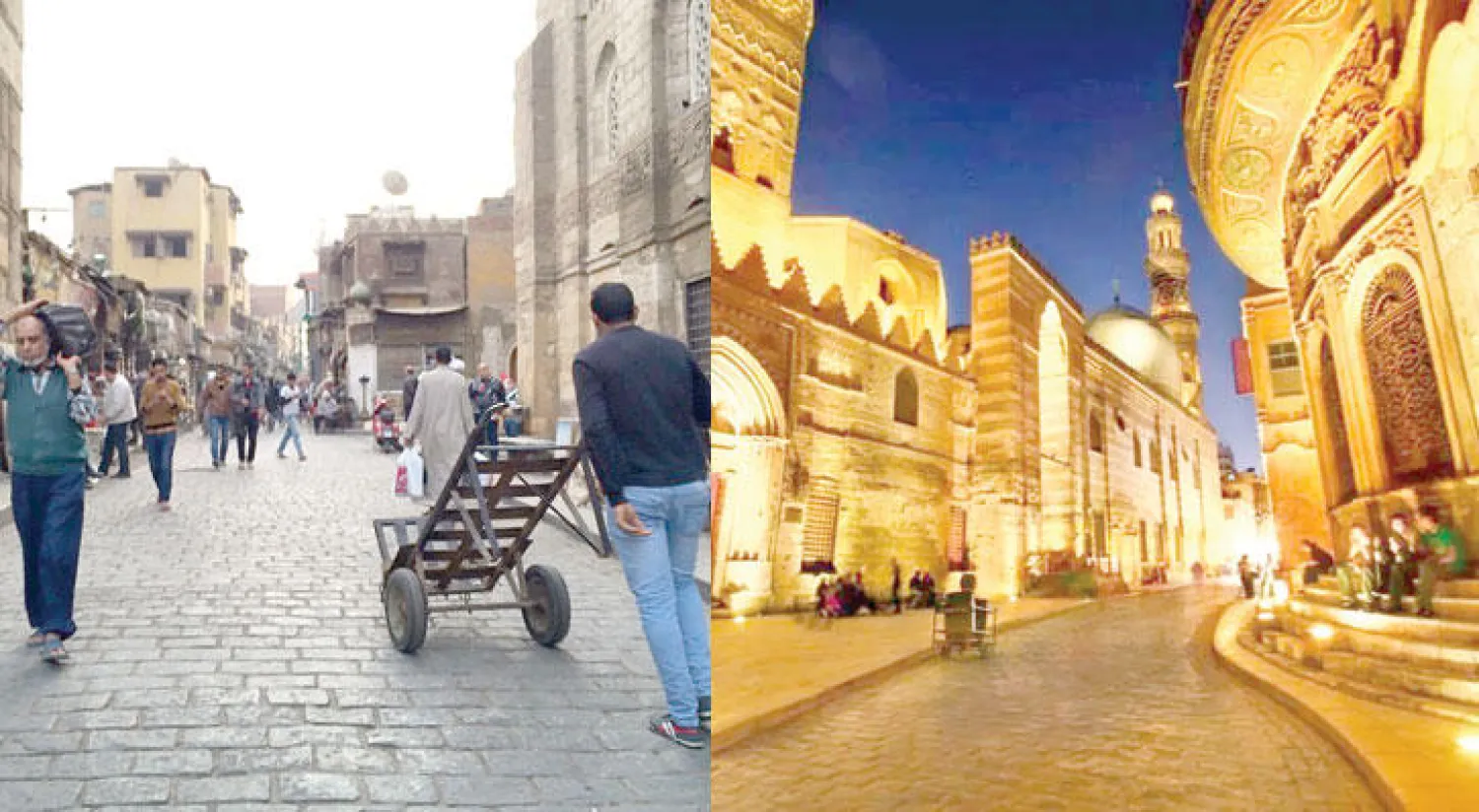 شارع المعز أقدم شوارع القاهرة قبل تدهوره  -  صورة حديثة لشارع المعز بعد التعدي عليه