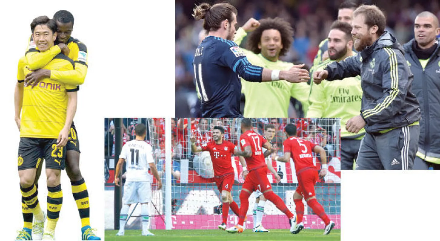 فرحة لاعبي ريـال مدريد بهدف بيل (أ.ب)  -  .. وفرحة لاعبي بايرن بهدف مولر (أ.ب)  -  أدريان راموس (يمين) يحتفل مع شينغي كاغاوا بهدف دورتموند الثاني (أ.ف.ب)