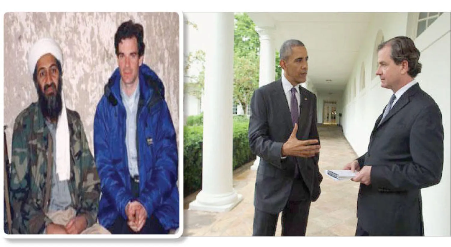 الرئيس الأميركي باراك أوباما يتحدث إلى بيتر بيرغن مراسل (سي إن إن) أول من أمس («الشرق الأوسط») - بيتر مع بن لادن مؤسس القاعدة  في تورا بورا