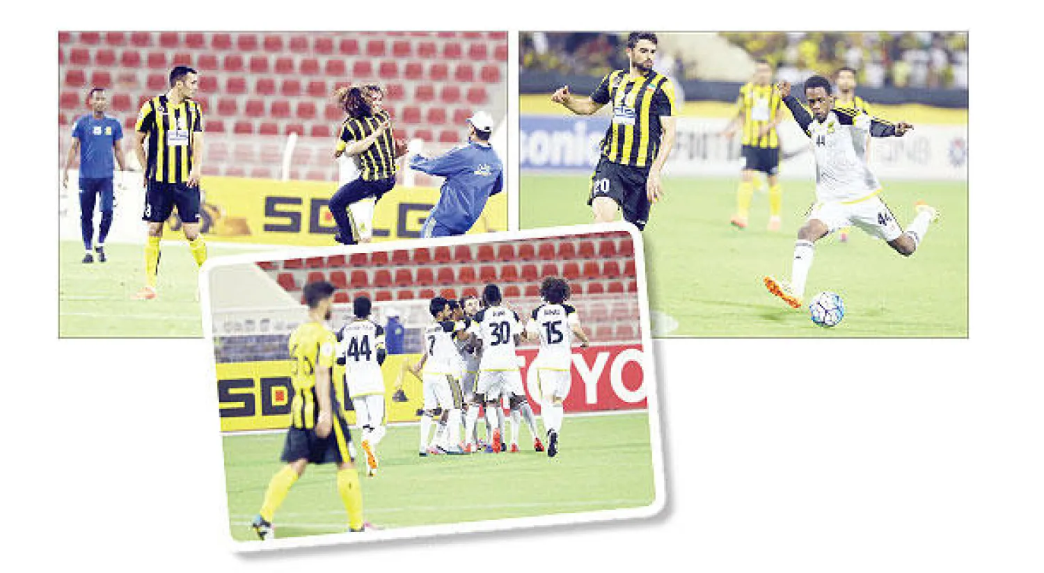 مختار فلاتة يقود هجمة اتحادية ضد سباهان  و لاعبو الاتحاد يحتفلون بهدفهم الأول في الشباك الإيرانية  و مشجع اتحادي اقتحم ملعب المباراة لمعانقة اللاعب جمال باجندوح (تصوير: مشعل القدير)