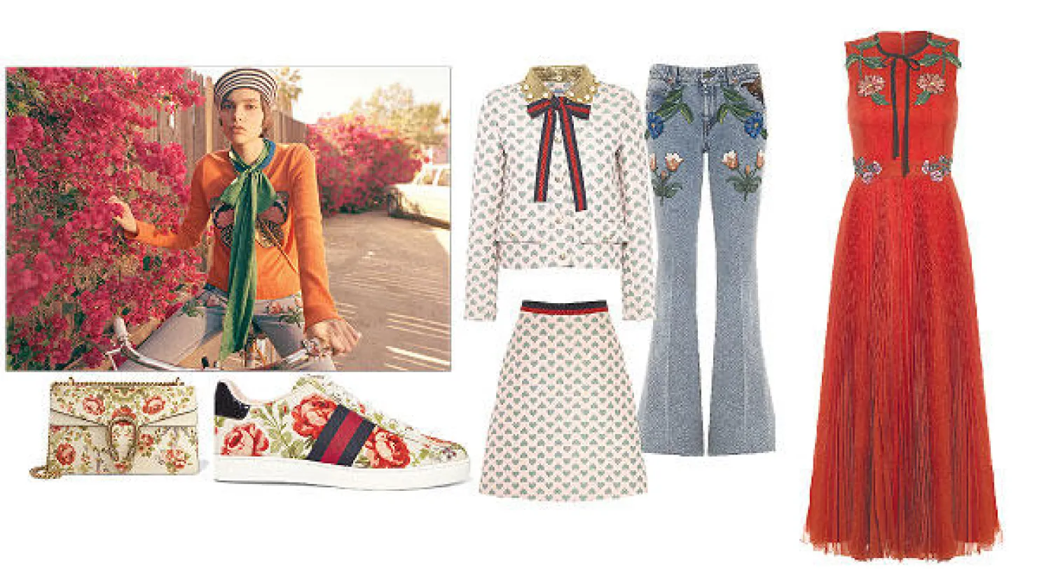 فستان سهرة و بنطلون جينز مستوحى من السبعينات و حذاء «سبور» منقوش بالورود و حقيبة يد مطبوعة بالورود المستوحاة من لوحات فنية قديمة