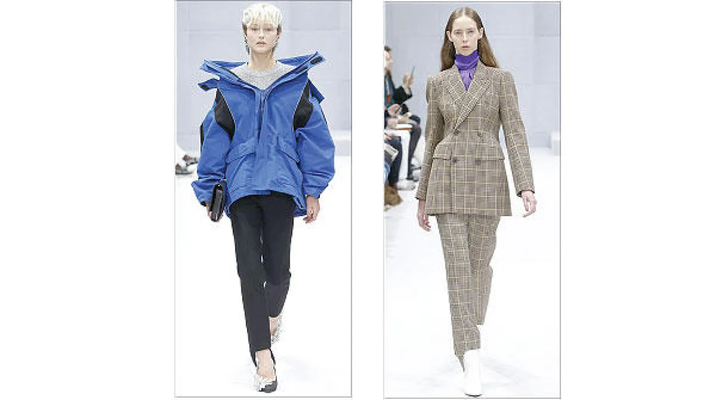 من تصاميم ديمنا فازاليا لدار «بالنسياجا» ويظهر التفصيل الرجالي بلمسة هندسية و من تصاميم ديمنا فازاليا لدار «بالنسياجا» ويظهر فيها السبور بلمسة هندسية