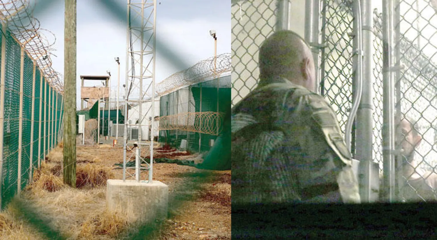 جندي يتحدث مع معتقل.. حسب معلومات السجن خلال العامين الماضيين تعرض الجنود لأكثر من 300 هجوم من معتقلين «بما في ذلك بصق وعض ورفس وشتائم» (واشنطن بوست)  -  أسوار عالية وحراسة أمنية مشددة في غوانتانامو (واشنطن بوست)