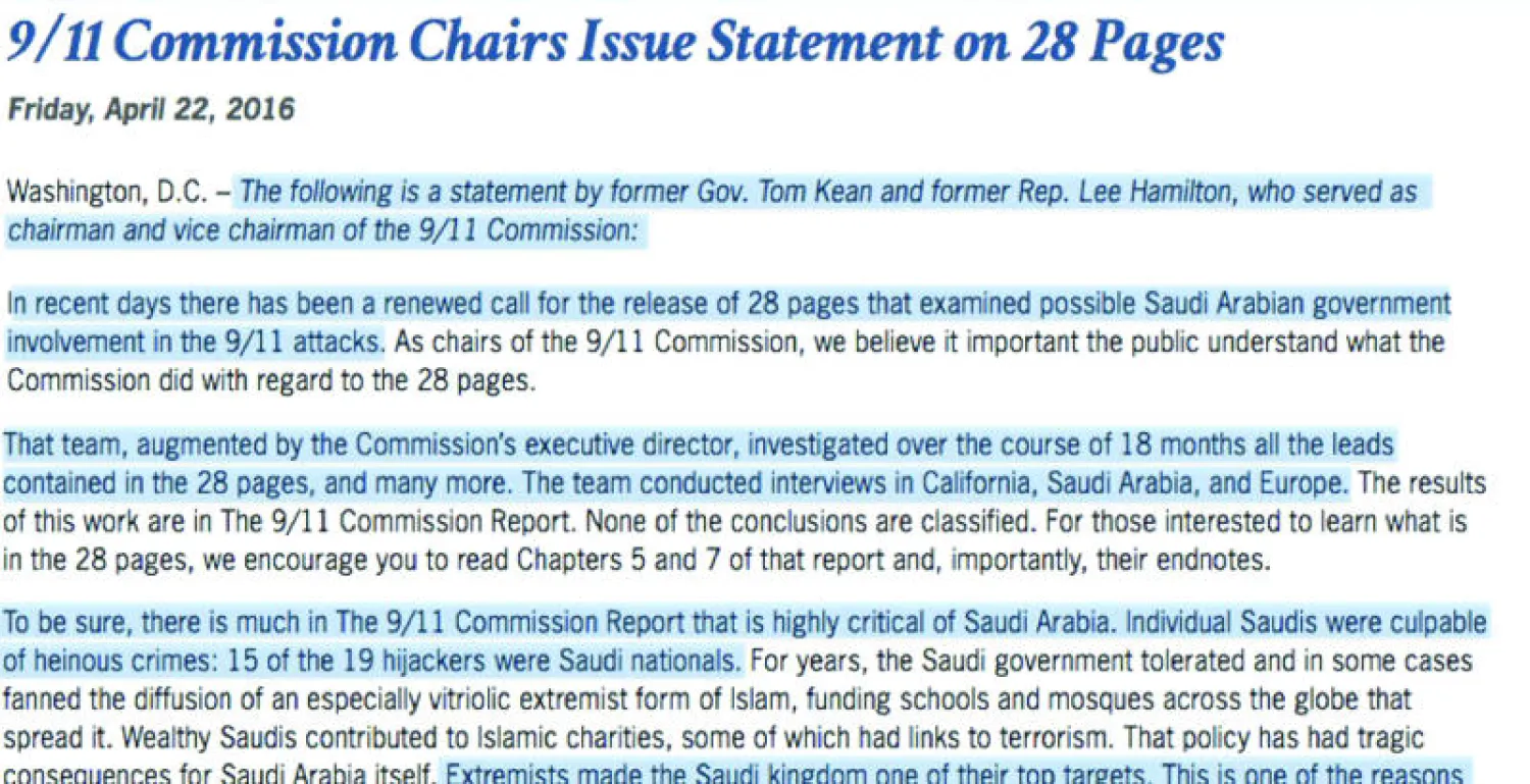وثيقة من تقرير لجنة «11 سبتمبر» ويشير مسؤولان قادا التحقيقات الرسمية في الأحداث بالوثيقة إلى براءة السعودية من تورطها المزعوم في الهجمات عام 2001