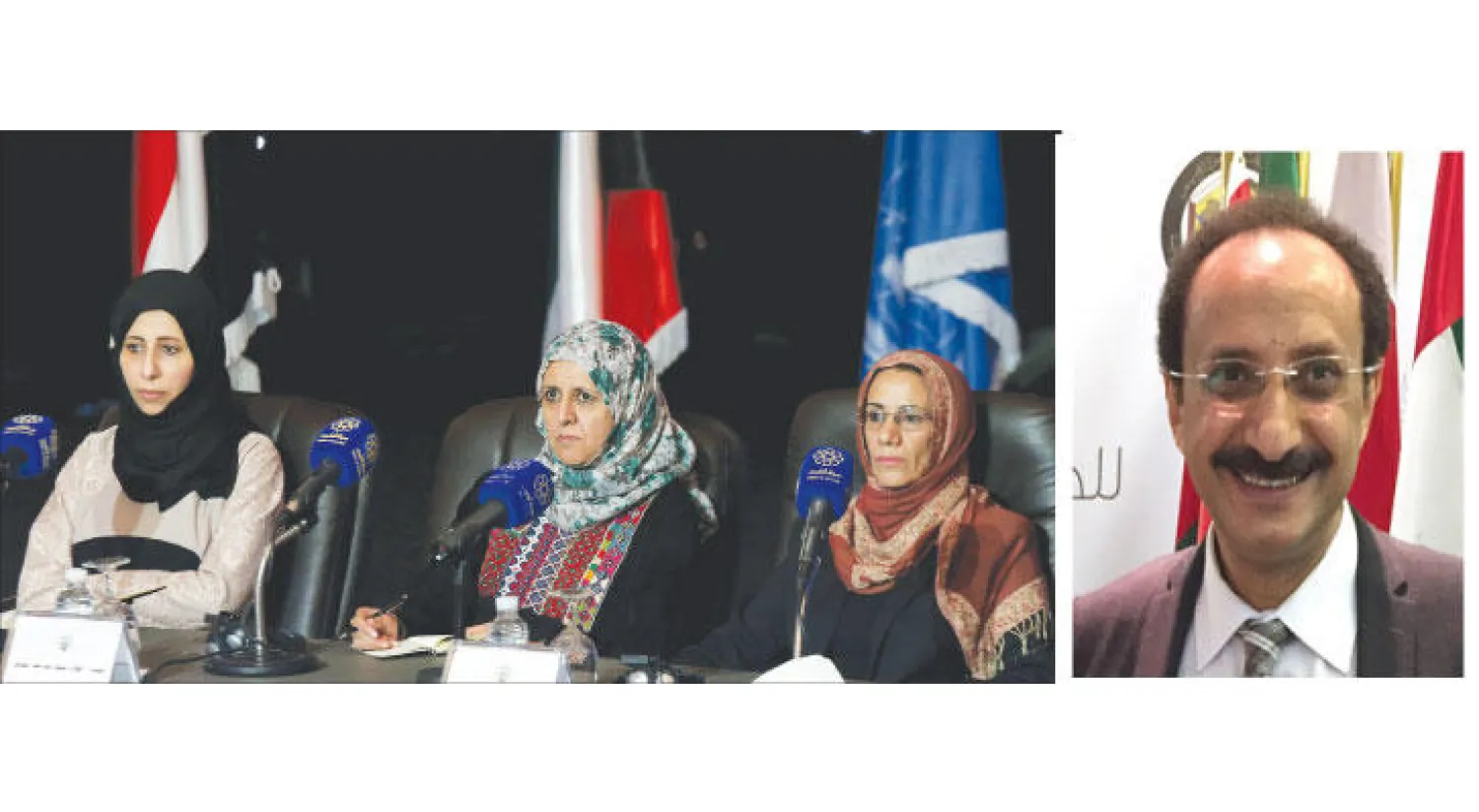 عز الدين الأصبحي - ثلاث سيدات من بين النساء السبع اللاتي يشاركن في الوساطة بين الأطراف اليمنية، نبيلة الزبير، وانطلاق المتوكل وأفراح عبد العزيز خلال حضورهن مؤتمراً صحافياً في وزارة الاعلام الكويتية أمس في محاولة لكسر جمود المحادثات (ا ف ب)