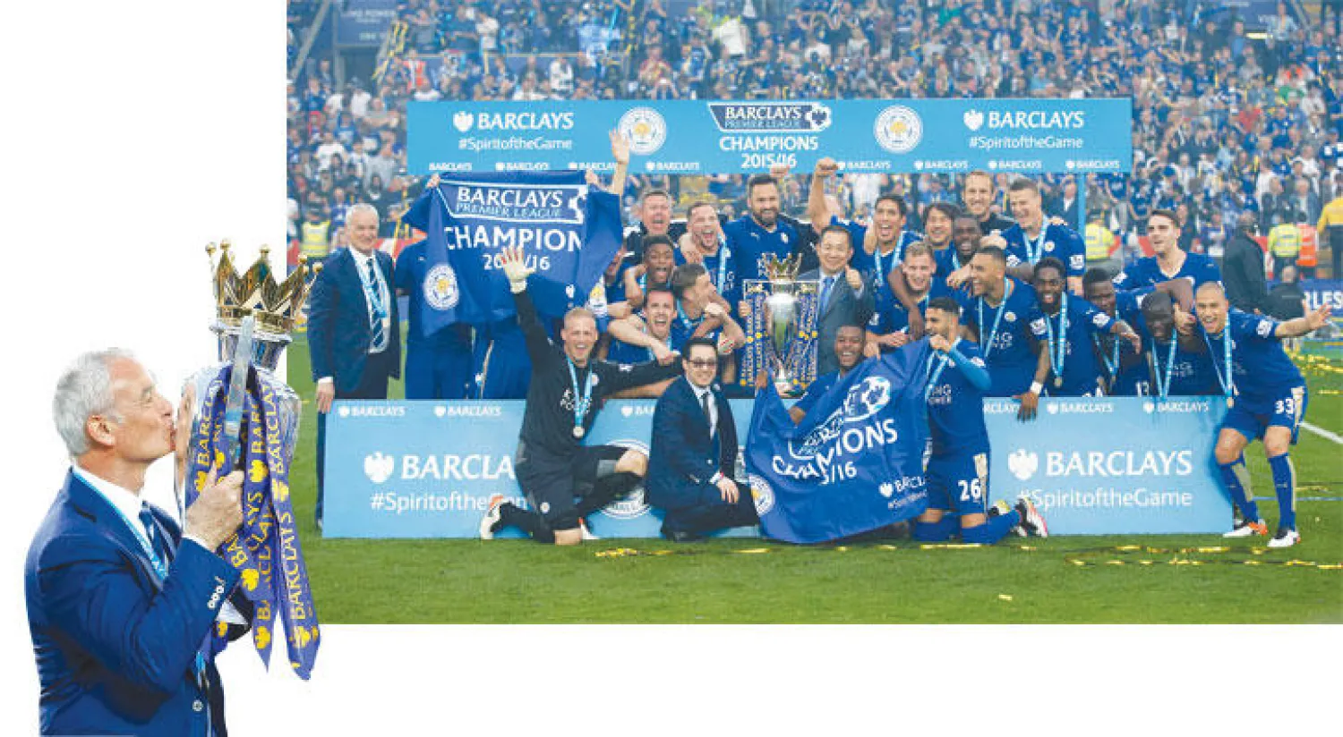 لاعبو ليستر على منصة التتويج في أغرب مواسم الدوري الممتاز (رويترز)  -  رانييري يحتفل بكأس الدوري بعد أن قلب كل التوقعات (رويترز)