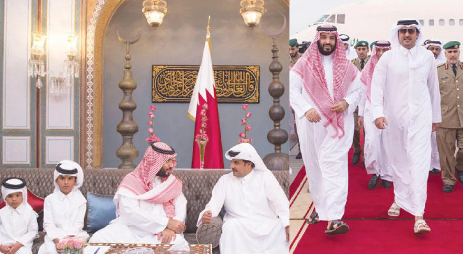 الشيخ تميم بن حمد آل ثاني أمير دولة قطر تقدم مستقبلي الأمير محمد بن سلمان  ولي ولي العهد السعودي لدى وصوله أمس إلى الدوحة .. وفي الصورة الثانية جانب من اللقاء الذي عقداه  أمس  (واس)