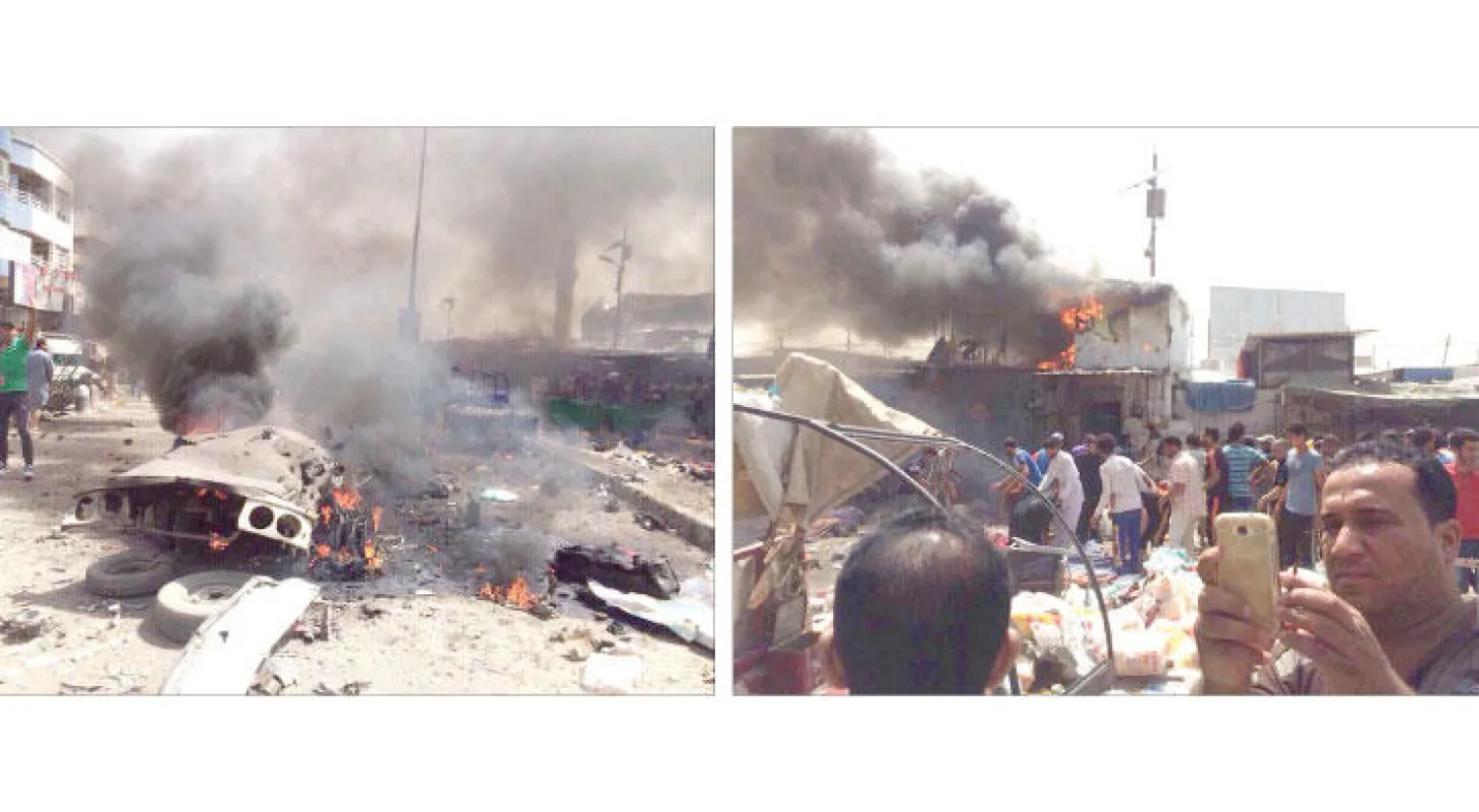 عراقيون يعاينون الأضرار الناجمة عن التفجير الذي وقع في مدينة الصدر أمس (الشرق الأوسط) - سيارة تحترق بسبب التفجير الذي وقع في مدينة الصدر أمس (الشرق الأوسط)