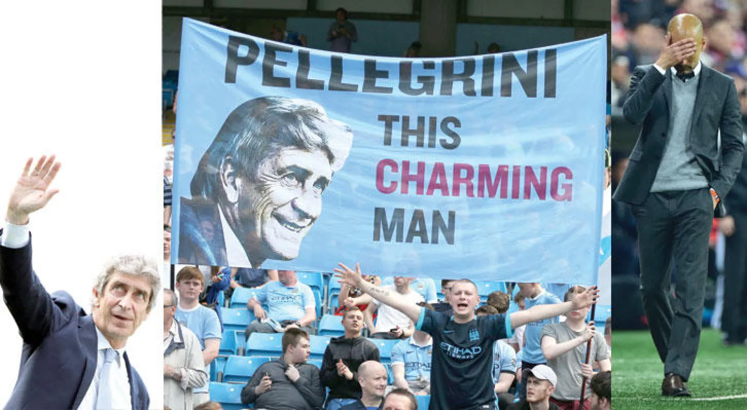 غوارديولا (أ.ف.ب)  -  جماهير مانشستر سيتي تعرب عن تقديرها للمدرب بيليغريني خلال مباراته الأخيرة على ملعب الاتحاد (إ.ب.أ) -  بيلي غريني (إ.ب.أ)