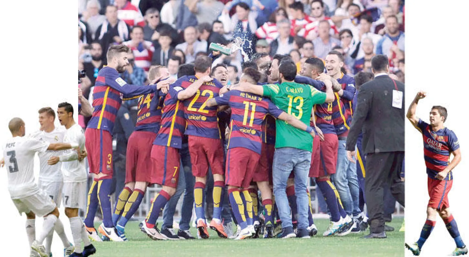 سواريز (إ.ب.أ)  -  فرح برشلونة بلقب الدوري الرابع والعشرين في تاريخه (أ.ف.ب)  -  سعادة لاعبي الريـال ضاعت بعد فوز برشلونة (رويترز)