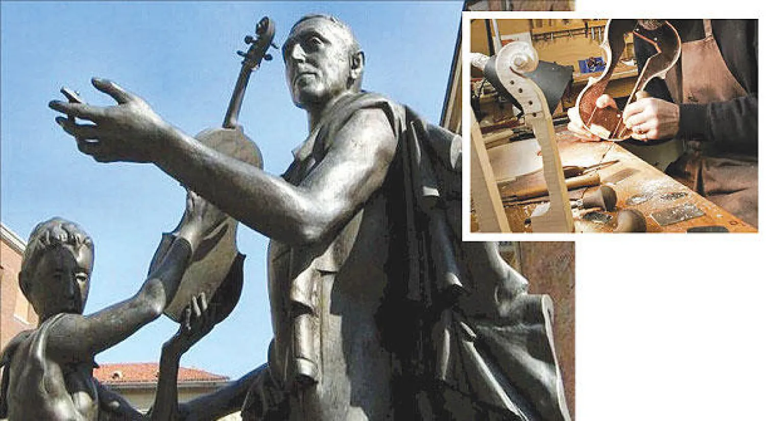 الـ{كمان شعار البلدة} تمثال يتمركز في وسطها.. وفي الاطار إحدى الورش المنتشرة في انحاء كريمونا