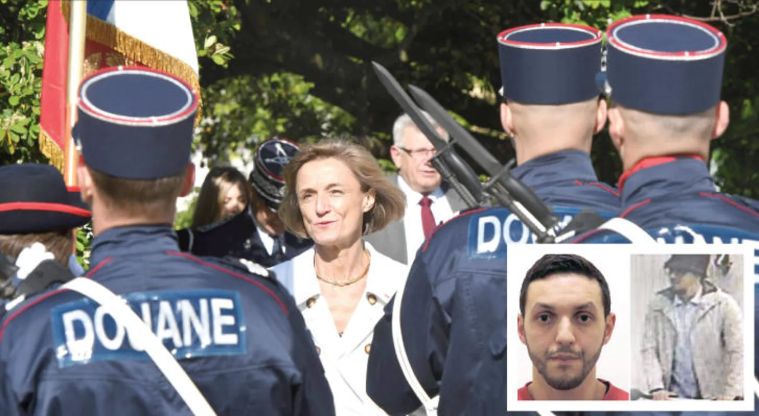 رئيسة الجمارك الفرنسية هيلين كروك فيليي تحضر تخرج أمنيين شاركوا في ورشة تدريب لمكافحة الإرهاب أمس (أ.ف.ب) .. وفي الاطار صورة من فيديو كاميرا المراقبة تظهر محمد عبريني في مطار بروكسل قبل الانفجار مرفقة بصورة شخصية له (أ.ف.ب)