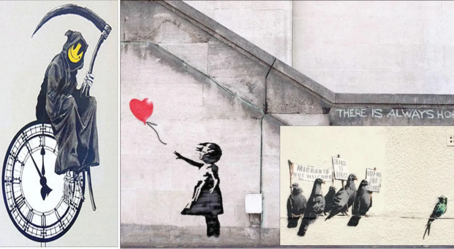 الطفلة والبالون - لوحة الحمائم - جانب من أعمال بانكسي